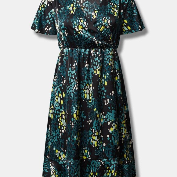 Torrid 2 2X Midi Bubble Charm Flutter Sleeve Faux Wrap Dress Black Green Pocket - Picture 4 of 15